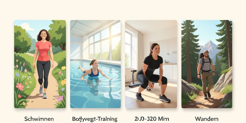 Infografik mit vier Aktivitäten nebeneinander – Spaziergang, Schwimmen, Bodyweight-Training, Wandern – jeweils mit ungefähren Zeitangaben und Aktivitätseinschätzung (leicht / mittel / intensiv)