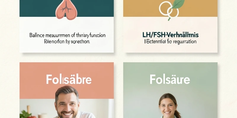 Infografik mit vier Laborwerten (TSH, Nüchterninsulin, LH/FSH-Verhältnis, Folsäure) und je einer kurzen Erklärung, warum jeder Wert für Fruchtbarkeit relevant ist