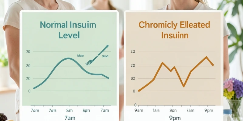 Infografik: Normaler Insulinspiegel im Tagesverlauf mit Mahlzeiten vs. dauerhaft erhöhter Insulinspiegel ohne klare Absenkung zwischen den Mahlzeiten