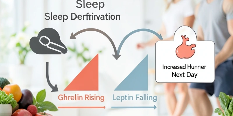 Infografik: Schlafmangel → Ghrelin steigt, Leptin sinkt → Hungergefühl am nächsten Tag stärker – vereinfachte Darstellung des hormonellen Zusammenhangs