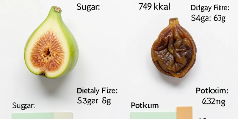 Infografik-Stil: Nährstofftabelle frische Feige vs. getrocknete Feige pro 100g – Kalorien, Zucker, Ballaststoffe, Kalium nebeneinander
