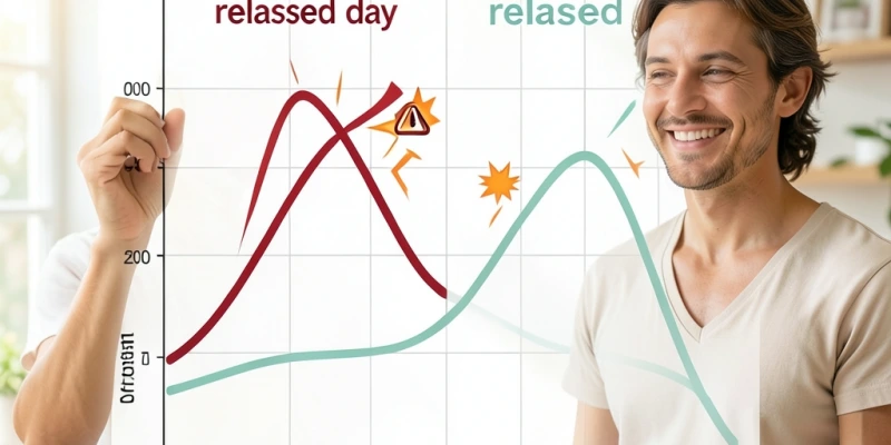 Infografik: Stressreaktion und Appetit – Cortisolkurve im Tagesverlauf bei hohem Stress vs. entspanntem Tag, mit markierten Heißhunger-Peaks am Abend