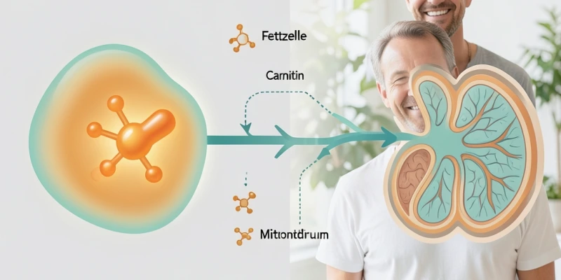 Infografik: Weg einer Fettsäure von der Fettzelle in die Mitochondrien – vereinfacht, mit Hinweis auf die Rolle von Carnitin und Vitamin C im Syntheseweg