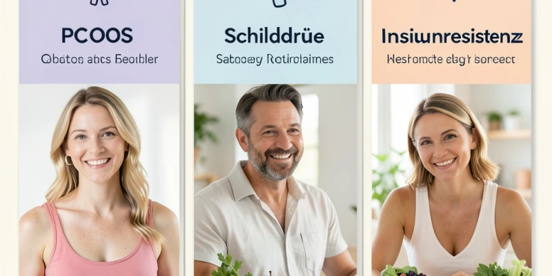 Infografik: Welche Ursachen können hinter erschwertem Abnehmen und Zyklusstörungen stecken – drei Felder: PCOS, Schilddrüse, Insulinresistenz – mit je einem Satz Erklärung