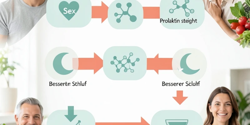 Infografik: Wirkungskette – Sex → Prolaktin steigt → besserer Schlaf → Ghrelin sinkt → weniger Hunger am Morgen; als einfache Pfeilgrafik