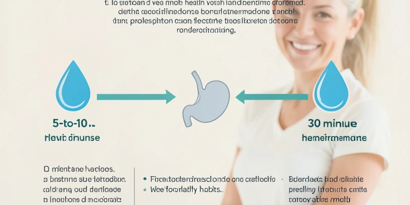 Infografik zum zeitlichen Ablauf – Wassertrinkzeitpunkt (5–10 Minuten vor dem Essen) im Vergleich zu 30 Minuten vorher, mit Hinweis auf den Magenleerungsrhythmus