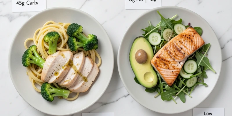 Infografik: Zwei Teller im Vergleich – links eine Low-Fat-Mahlzeit mit Nudeln, Gemüse und magertem Fleisch, rechts eine Low-Carb-Mahlzeit mit Lachs, Avocado und grünem Salat – beschriftet mit jeweiligem Fett- und Kohlenhydratgehalt