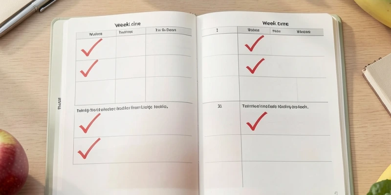 Kalender mit drei markierten Trainingstagen in Woche 1, zwei in Woche 2, einem in Woche 3 – visualisiert den schleichenden Rückgang bei zunehmenden Ausfällen