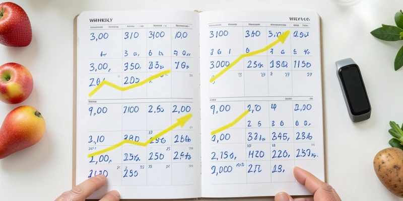 Kalender mit täglichen Schrittzahlen eingetragen – sichtbarer Aufwärtstrend über vier Wochen