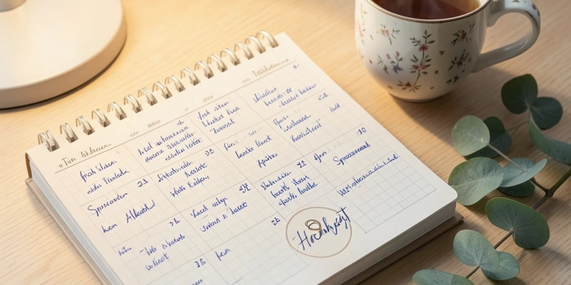 Kalender mit zehn Tagen vor einem markierten Hochzeitsdatum – Eintragungen zeigen alltagsnahe Maßnahmen wie „früh schlafen", „viel trinken", „leichte Kost" statt Diätplan
