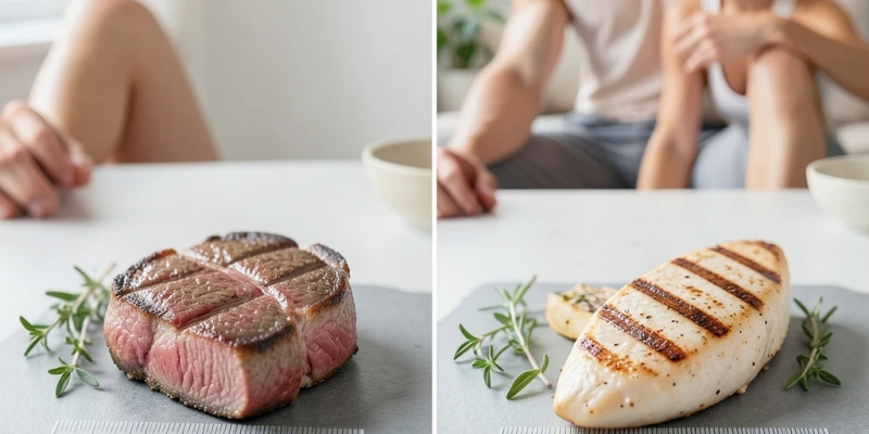 Kalorienvergleich auf einem Teller: 200 g Nackensteak (gezeichnete Energiemenge) vs. 200 g Hähnchenbrust – visuell gleiche Portionsgröße, unterschiedliche Energiemenge