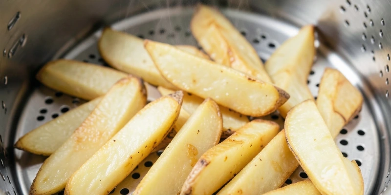 Kartoffelspalten im Airfryer-Korb, gleichmäßig mit feinem Ölnebel besprüht – keine Pfützen, kein Tropfen