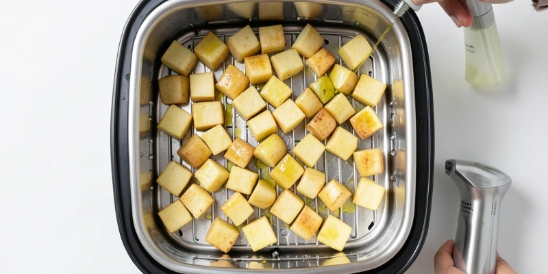 Kartoffelwürfel im Airfryer-Korb, gleichmäßig mit Öl besprüht – sichtbare dünne Schicht, kein Überschuss am Boden