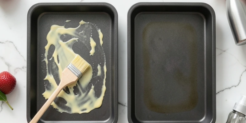 Kastenform von oben, links mit sichtbarem Butterfleck und Pinsel, rechts gleichmäßig besprüht mit Ölsprüher – gleiche Form, sichtbar unterschiedliche Fettmenge