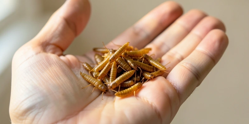 Kleine Portion getrocknete Grillen in einer Handfläche – Mengenorientierung für eine Snack-Portion von etwa 20–25g