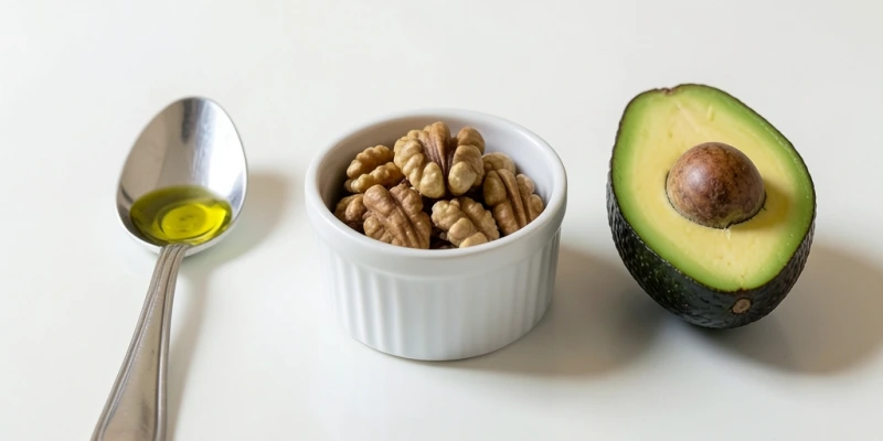 Kleine Portions-Referenz: 1 EL Olivenöl in einem Esslöffel, 30 g Walnüsse in einer kleinen Schale, eine halbe Avocado – mit jeweiligen Kalorienangaben als Bildunterschrift.