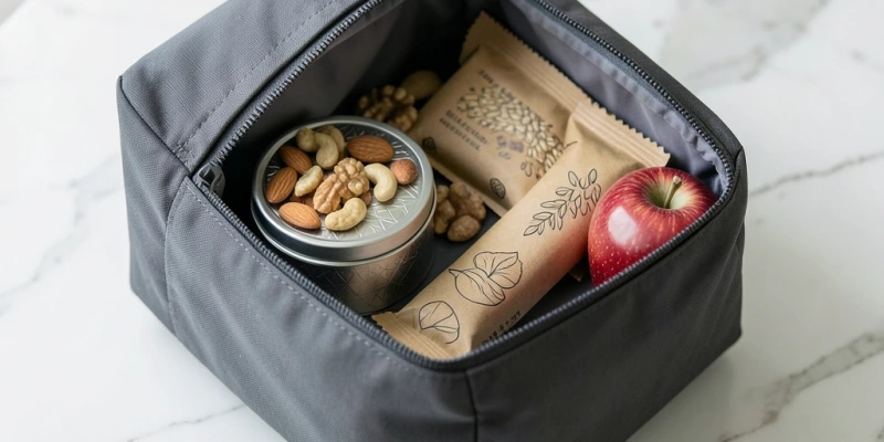 Kleine Reisetasche mit Snacks – Nüsse in kleiner Dose, Proteinriegel, Apfel – als Vorbereitung für Zug oder Flug