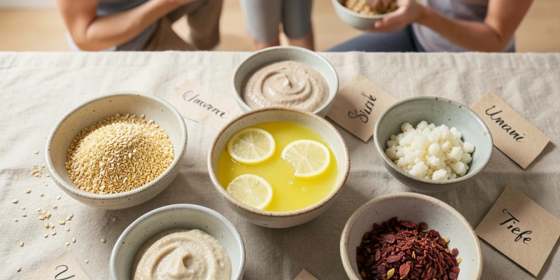 Kleine Schälchen mit Hefeflocken, Miso, Zitronensaft, Knoblauch, Chili – beschriftet mit ihrer Geschmacksfunktion: Umami, Säure, Schärfe, Tiefe