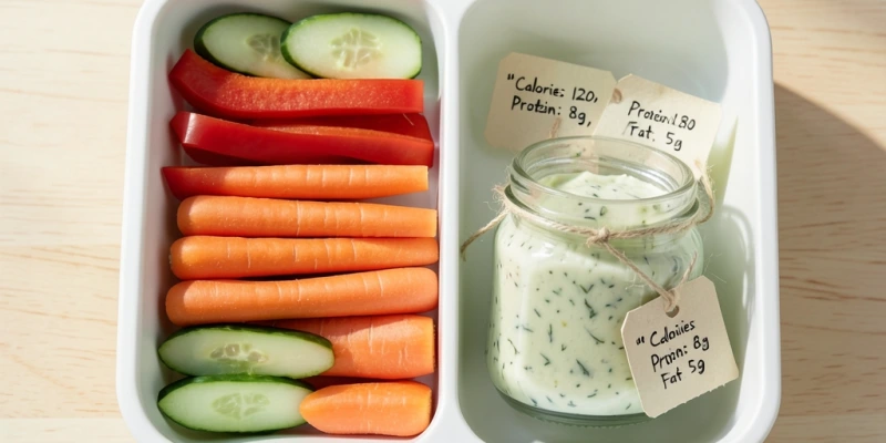 Kleine Skizze einer Meal-Prep-Box: links Gemüsesticks (Paprika, Gurke, Karotte), rechts ein kleines Schraubglas mit Kräuter-Magerquark-Dip – mit Beschriftung der ungefähren Nährwerte der Gesamtportion
