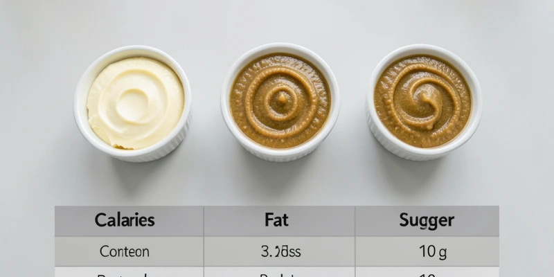 Kleine Übersichtstabelle: Butter vs. mittelscharfer Senf vs. Honigsenf – je 10 g, mit Kalorien, Fettgehalt und Zuckergehalt