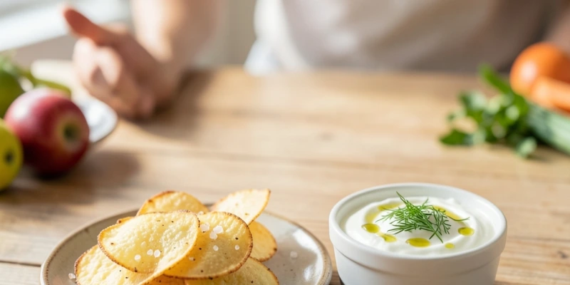 Kleiner Teller mit einer Portion Chips neben einem Schälchen griechischem Joghurt mit Kräutern – Chips als bewusster Bestandteil eines strukturierten Snacks