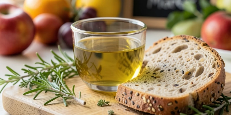 Kleines Glas natives Olivenöl extra mit Kräutern und einer Scheibe Vollkornbrot daneben – Beschriftung: „Olivenöl als Brotaufstrich-Ersatz oder Dip: konkreter Tausch, kein Zusatz"