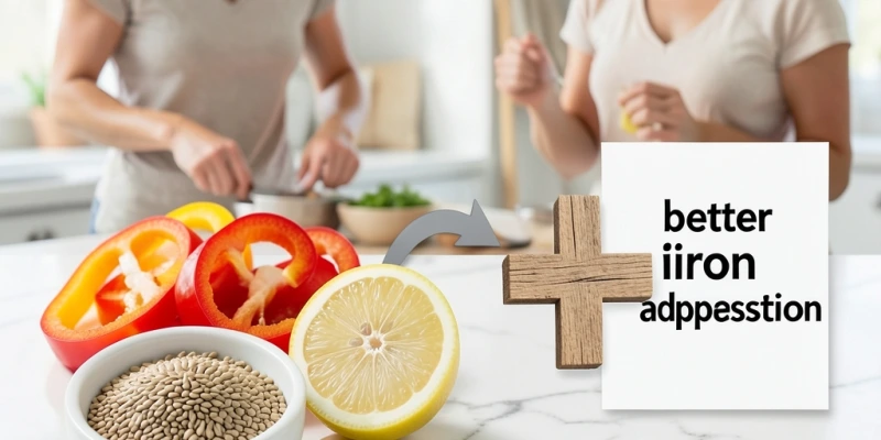 Kleines Schaubild: links eine Schüssel Hanfsamen + Paprikastreifen + Spritzer Zitrone, rechts ein Plus-Symbol mit „bessere Eisenaufnahme" – als einfache Kombinationsregel