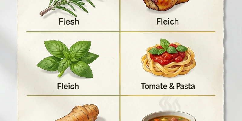 Kräutertabelle: Welche Kräuter zu welchen Gerichten passen – Rosmarin zum Fleisch, Basilikum zu Tomate, Kurkuma zur Suppe – als kompakte Übersichtsgrafik