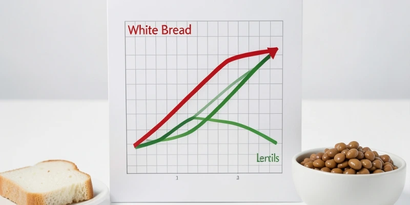 Kurvendiagramm: Blutzuckerverlauf nach Weißbrot (steiler Peak, schneller Abfall) vs. Linsen (flacher Anstieg, langsamer Abfall) – gleiche Kohlenhydratmenge, unterschiedlicher Verlauf