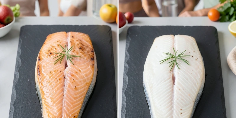 Lachsfilet im Kontaktgrill – links nach 4 Minuten (saftig, leicht glasig in der Mitte), rechts nach 7 Minuten (trocken, weiß durchgegart)