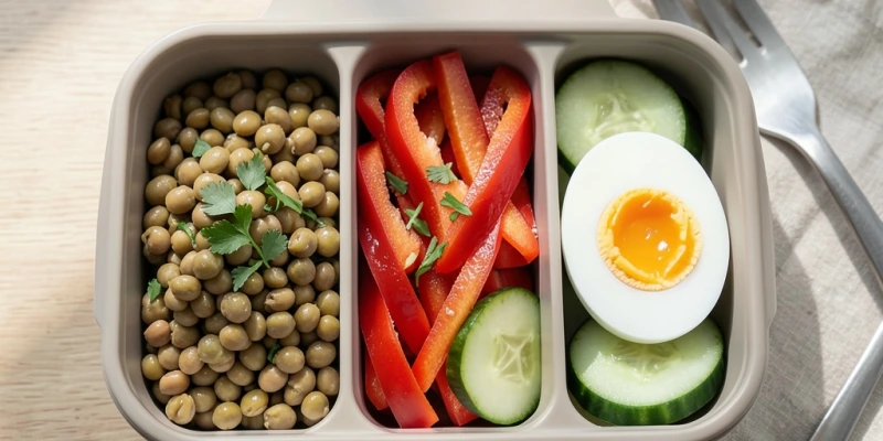 Lunchbox mit drei Fächern: eines mit gekochten Linsen, eines mit Paprika und Gurke, eines mit einem hartgekochten Ei – einfach, vorbereitet, proteinreich