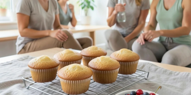 Magerquark-Muffins auf einem Backgitter, daneben ein kleines Schälchen frischer Beeren als Topping – kein Zuckerguss, kein Streukeks, schlichte Alltagsoptik