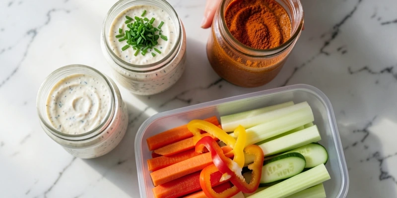 Meal-Prep-Aufbau von oben: zwei Schraubgläser mit unterschiedlichen Dip-Varianten (Kräuter, Paprika), daneben eine flache Vorratsdose mit Gemüsesticks in Karotte, Paprika, Gurke und Sellerie – im Kühlschrankformat