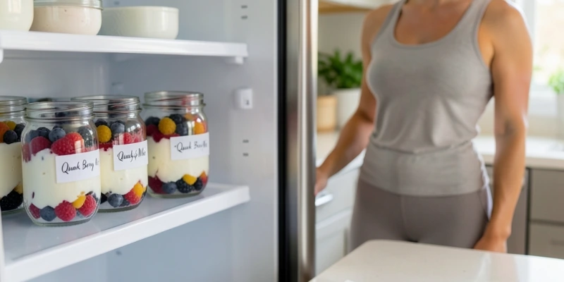 Meal-Prep-Szene: Vier verschlossene Gläser mit Quark-Beeren-Mischung im Kühlschrank, daneben ein Kalender mit eingetragenen Trainingstagen