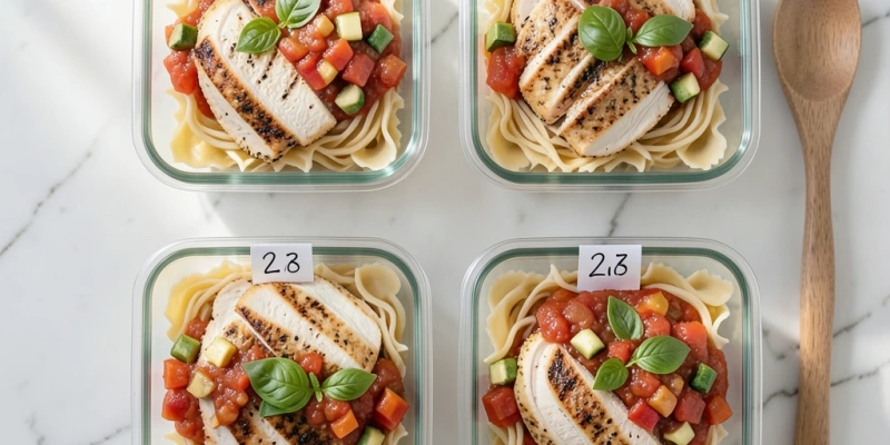 Meal-Prep-Übersicht – vier Behälter mit den Mittagessen-Zutaten (Hähnchen, Vollkornnudeln, Gemüsesauce), vorbereitet für drei Tage, mit sichtbaren Portionsgrößen