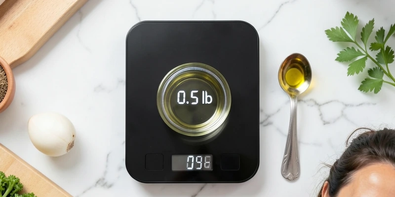 Messlöffel mit einem Esslöffel Olivenöl neben einer kleinen Digitalwaage – visueller Vergleich zur Portion