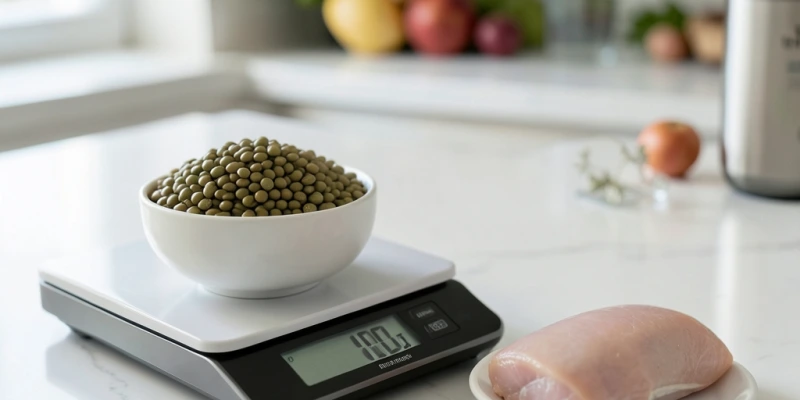 Messung mit Küchenwaage – 100 g gekochte Linsen auf einem kleinen Teller, daneben 100 g Hähnchenbrustfilet zum Größenvergleich