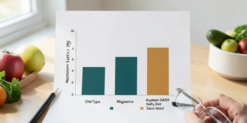Nährstoffprofil-Vergleich: Kalium-, Magnesium- und Natriumgehalt einer typischen DASH-Tagesration vs. einer typischen westlichen Ernährung, dargestellt als einfaches Balkendiagramm