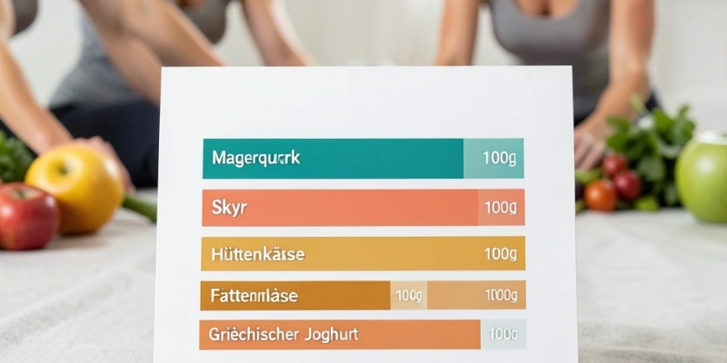 Nährwert-Tabelle als Infografik: Magerquark / Skyr / Hüttenkäse / Griechischer Joghurt im Vergleich – kcal, Eiweiß, Fett pro 100 g als farbige Balken