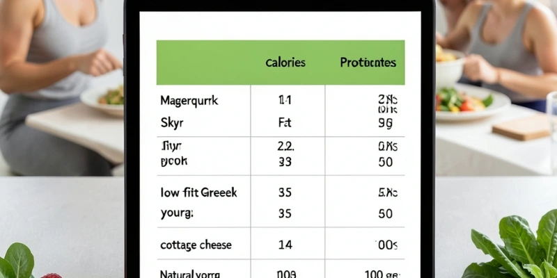 Nährwert-Tabelle im Vergleich: Magerquark, Skyr, griechischer Joghurt (fettarm), Hüttenkäse, Naturjoghurt – je 100 g, mit Kalorien, Eiweiß, Fett, Kohlenhydraten – sauber tabellarisch, gut lesbar