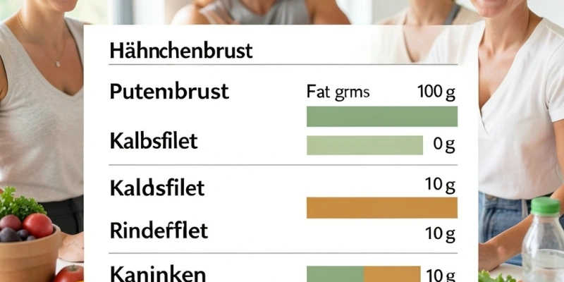 Nährwerttabelle als einfache Vergleichsgrafik – die fünf Fleischsorten mit typischen Fett- und Proteinwerten pro 100 g, beschriftet mit Hinweis „Rohgewicht, ohne Zubereitung"