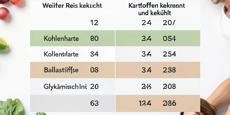 Nährwerttabelle als Grafik – Vergleich 200 g weißer Reis (gekocht) vs. 200 g Kartoffeln (gekocht und gekühlt): Kohlenhydrate, Ballaststoffe, GI nebeneinander