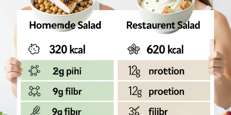 Nährwerttabelle im Vergleich: Selbst gemachter Salat mit Hähnchen, Kichererbsen, Olivenöl-Dressing vs. typischer Restaurantsalat mit cremigem Dressing und Croutons – Kalorien, Protein und Ballaststoffe im direkten Gegenüber.