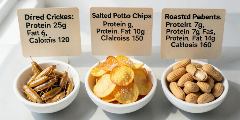 Nährwerttabelle nebeneinandergestellt – 30g getrocknete Grillen vs. 30g Kartoffelchips vs. 30g Erdnüsse: Protein, Fett, Kalorien im direkten Vergleich