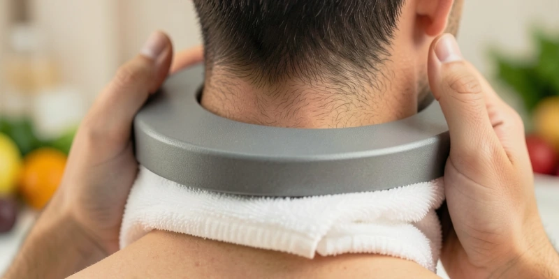 Nahaufnahme des Nackenbereichs mit korrekt platzierter Gewichtsscheibe auf einem Handtuch – Scheibe liegt flach auf dem Schädelbasisbereich, beide Hände sichern sie seitlich