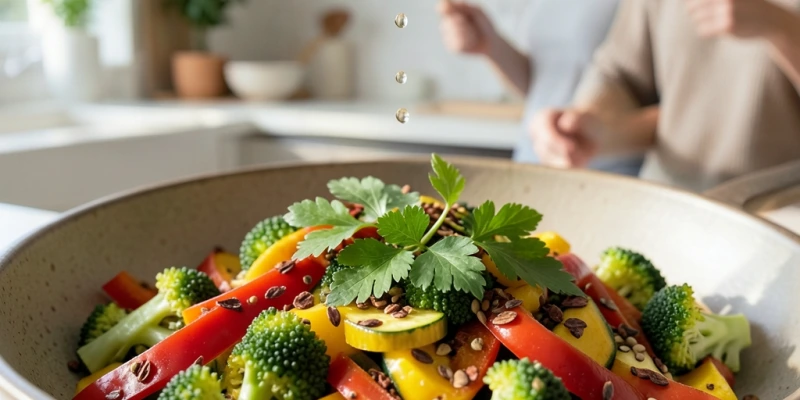 Nahaufnahme einer fertigen Gemüsepfanne mit sichtbaren Gewürzen, frischen Kräutern und einem Spritzer Zitrone – zeigt, dass Aromatisierung ohne Sauce oder Fett möglich ist
