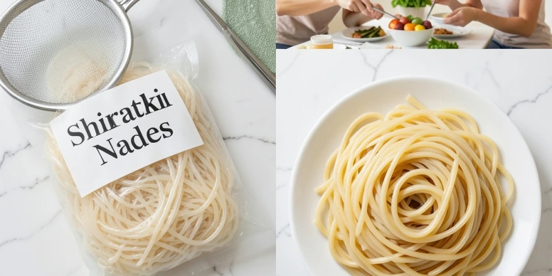 Nahaufnahme einer geöffneten Shirataki-Packung neben einem Sieb – die glasigen, gallertartigen Nudeln im direkten Vergleich zu herkömmlichen gekochten Weizennudeln auf einem zweiten Teller