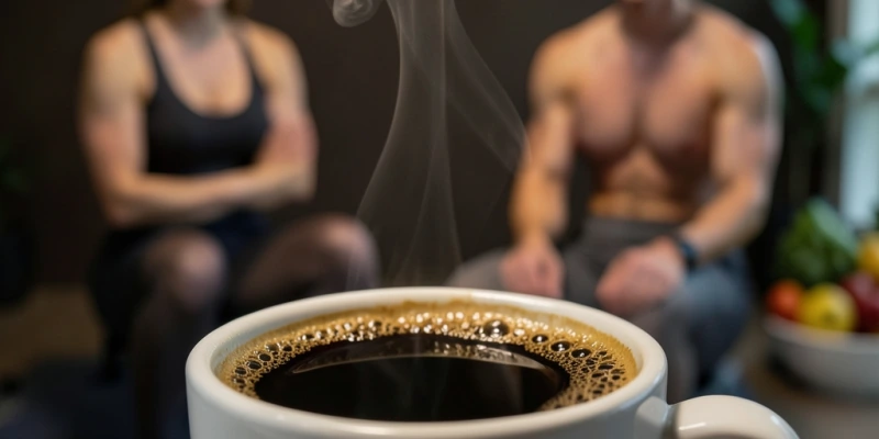 Nahaufnahme einer Kaffeetasse – sichtbar aromatischer Dampf, keine Milch, kein Zucker – Fokus auf die Textur des Kaffees als visuelles Signal für „pur trinken"