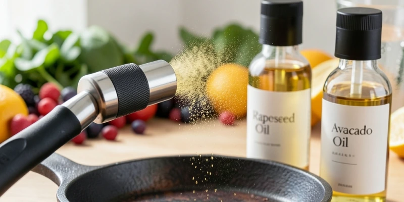 Nahaufnahme einer Ölsprüher-Düse mit feinem Sprühnebel über einer Pfanne – daneben eine Flasche Rapsöl und eine Flasche Avocadoöl