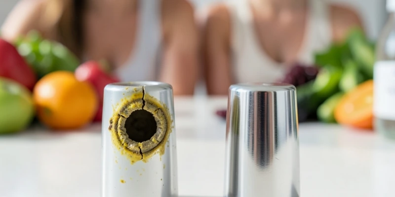 Nahaufnahme einer verstopften Sprühdüse mit alten Ölrückständen – daneben eine gereinigte Düse im Vergleich